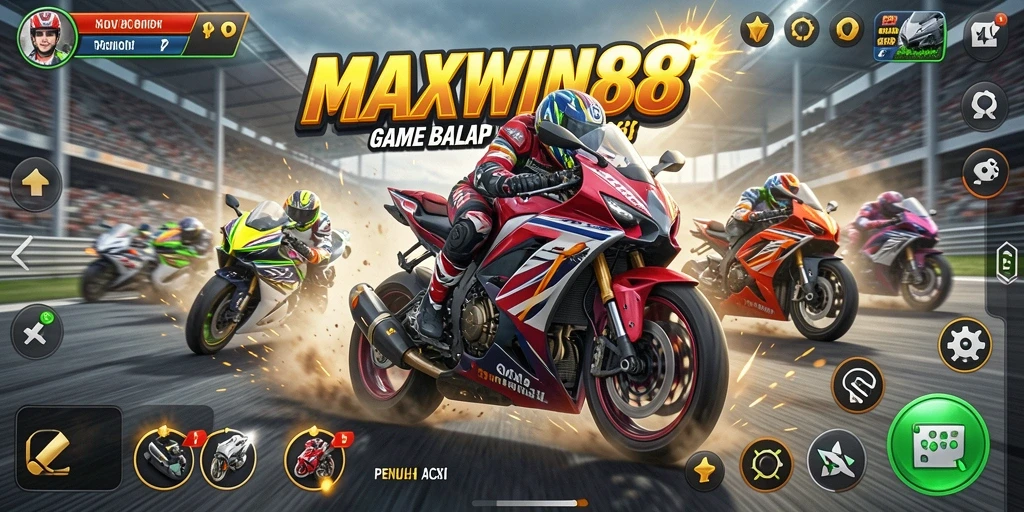 Screenshot gameplay MAXWIN88 menampilkan aksi balap motor menegangkan.