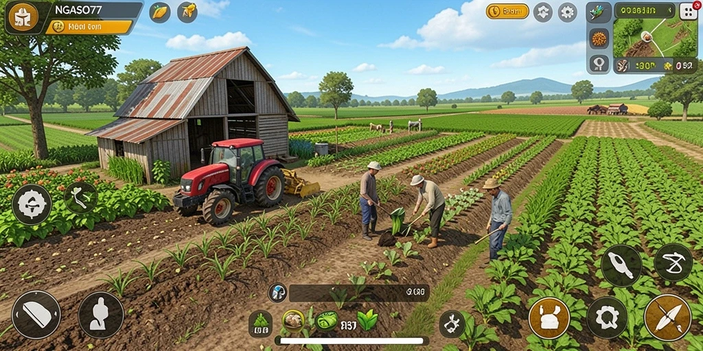 Screenshot gameplay NGASO77 yang menampilkan pertanian yang subur dan hewan ternak.