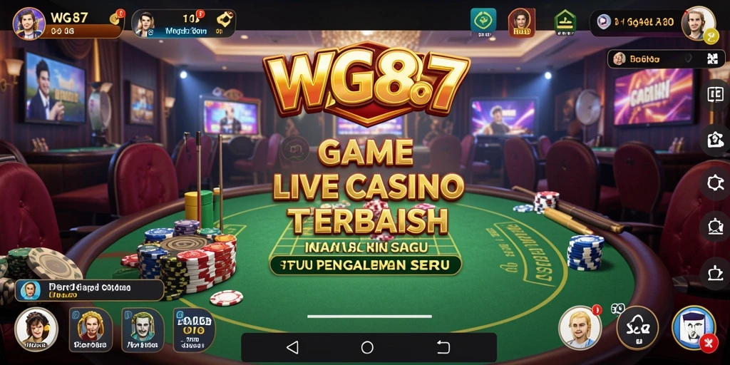 Screenshot dari gameplay WG87 yang menampilkan dealer langsung dan suasana kasino.